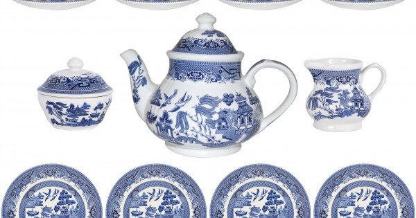 Churchill Blue Wollow - Set di 4 tazze da tè e 4 piattini, prodotto in