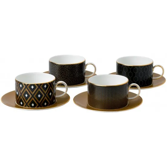Wedgwood Gio Gold (Arris) Tea Cups & Saucers Set of 4 (Gift Boxed)
